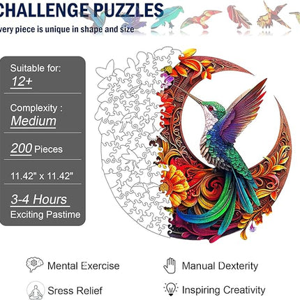 Unique Wooden Puzzles for Adults, Hummingbird Puzzle 200 Pieces 11.42" x 11.42", Animal Shaped Wood Puzzles Adult Brain Teasers, Wooden Jigsaw Puzzles, Family Games for Kids and Adults