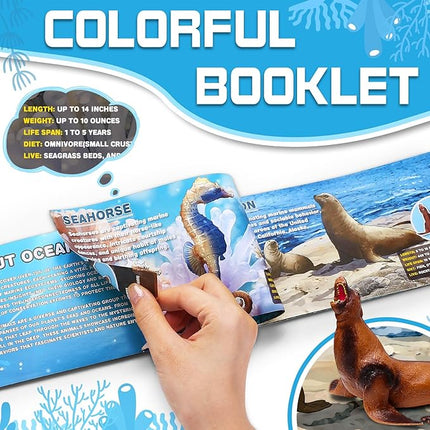 12 Pack Ocean Animal Toys with Educational Booklet for Kids, Realistic Soft Plastic Creatures Model Figures for Toddler Boys Girls, Under the Sea Party Favor, Birthday Gifts Water Table Toy