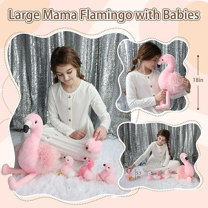 MorisMos Plush Flamingo Stuffed Animals-18in Mommy Stuffed Flamingo with 4 Baby Bird Toys for Girls Boys,Pink Bird Stuffed Animal Gift for Kids Women Birthday Decor Baby Shower Christmas