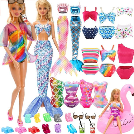 20 Packs Doll Clothing Accessories Set for 11.5 Inch Girl Dolls - Includes 5 Bikini Swimwear Beach Bathing Suits, Coat, Mermaid Dress, 5 Shoes, 3 Slippers, Swimming Pool Floaties, Drinks & Sunglasses