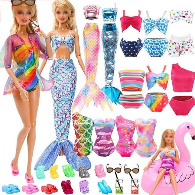20 Packs Doll Clothing Accessories Set for 11.5 Inch Girl Dolls - Includes 5 Bikini Swimwear Beach Bathing Suits, Coat, Mermaid Dress, 5 Shoes, 3 Slippers, Swimming Pool Floaties, Drinks & Sunglasses