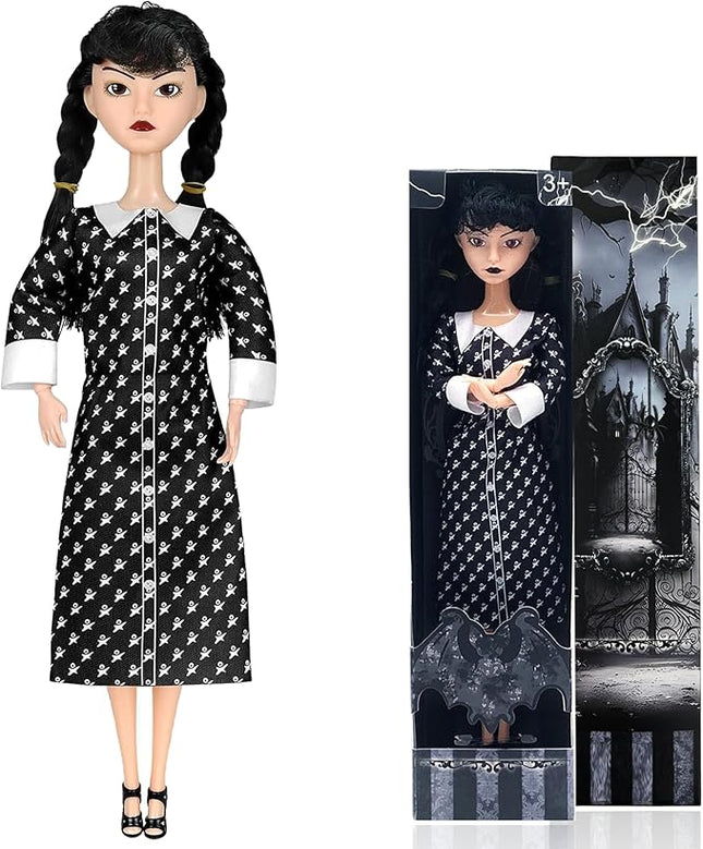 11.5'' Addams Doll with Gift Box, High Heels, Black Dress, and Hair, Perfect Christmas and Birthdays Toy Gift for Girls & Fans(B1)