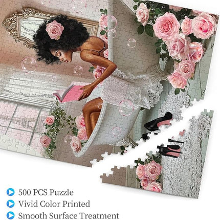 African American Jigsaw Puzzles 500 Pieces for Adults, Bath Time Reading Scene, Black Woman Wooden Puzzle for Stress Relief, Challenging Brain Teaser & Home Decor