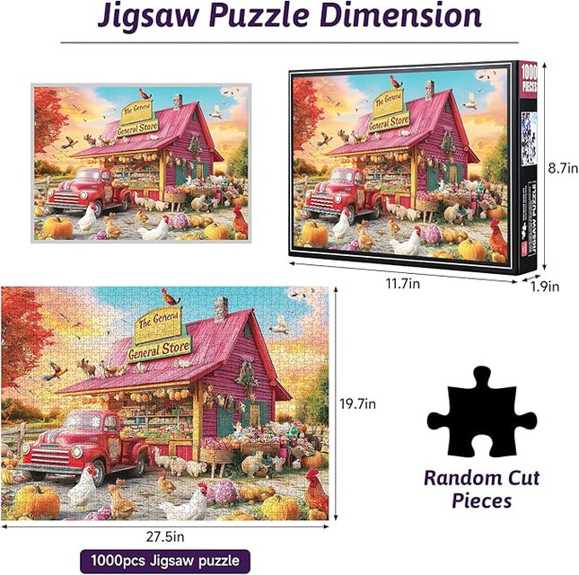 1000 Piece Jigsaw Puzzle for Adults – Country General Store with Red Vintage Truck, Farm Animals & Autumn Harvest | Challenging Puzzle for Relaxation, Brain Exercise & Gifts