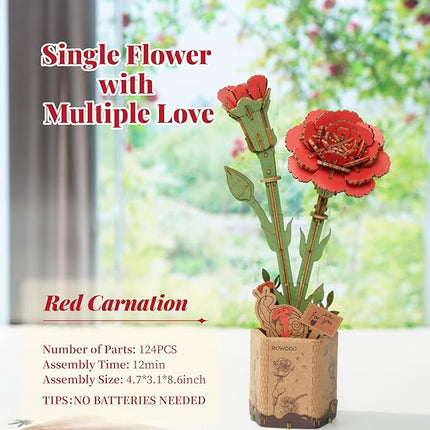 rowood 3D Puzzle Wooden Flower,DIY Artifical Flower Building Set Craft Kit for Women,Mother's Day/Valentine's Day/Teacher's Day/Thanksgiving/Christmas/Birthday Gift for Mom/Grandma-Red Carnation