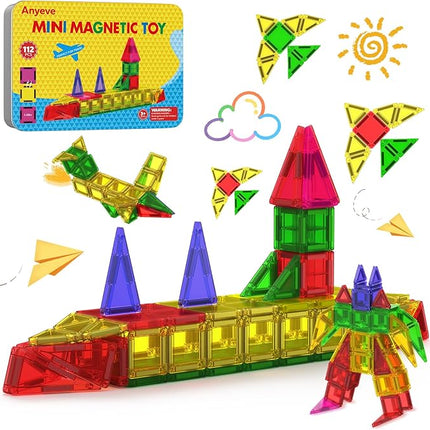 112PCS Mini Magnetic Tiles for Kids, Magnetic Tiles Travel Set with Iron Box, Portable Construction Toys STEM Educational Building Set for Kids Ages 4-8 Toddlers, Boys & Girls Birthday New Year Gift