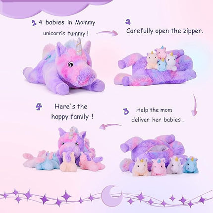 IKASA Mommy Unicorn Toys for Girls Age 4-6，Mom and Baby Stuffed Animal Plush Toy,Small Family Set Toy with Little Babies,Gifts for Kid (Unicorn,18")