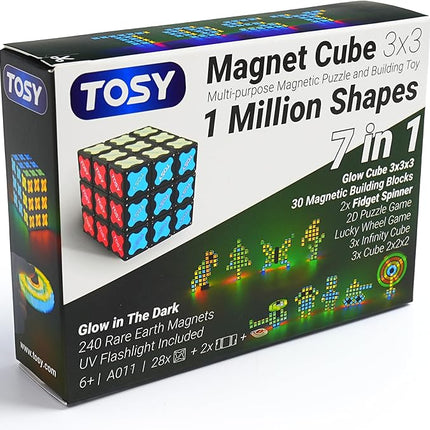 TOSY Magnet Cube 3x3 - 240 Magnets, 30 Blocks, 7in1 Toy: Puzzle Cube Game, Creative Building Blocks, Transformable Fidget Spinner, Infinity Cube, Magnet Tiles, UV Flashlight, Glowing STEM/STEAM Toy