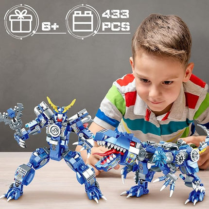 Dinosaur Building Blocks 2 in 1 Transforming Mech, Compatible with Lego Dinosaur Set, 433 PCS Dinosaur Mech STEM Toys for Kids Ages 6-12, Dinosaur Toy Gift for Christmas & Birthday