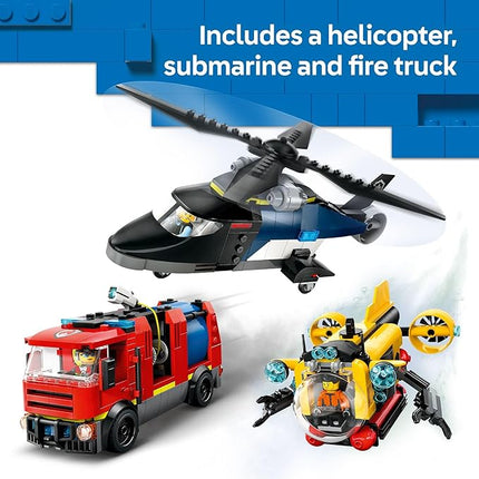 LEGO City Helicopter, Fire Truck & Submarine Remix Kids Toy - 3 Building Toys in 1 for Boys and Girls, Ages 7+ - Gift for Christmas - with 3 Minifigures - 60462
