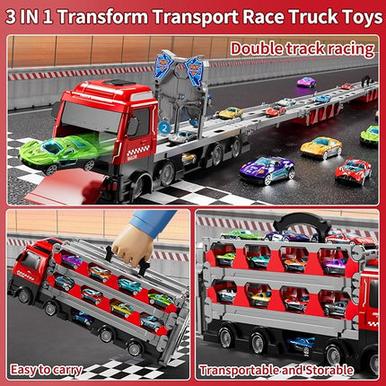 Toy Truck for 3 4 5 6 Years Old Kids Boys, 78-Inch Race Track Transport Vehicle and 12 Die-Cast Metal Toy Cars, Carrier Truck Toddler Truck Car Toys Set Gifts for Age 3-12 Years Old Kids Boys