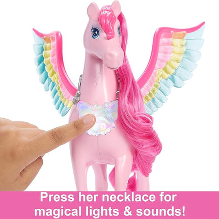 Barbie Doll Toys, Pegasus Pink Winged Horse Toy with 10 Accessories Including Puppy & Barrettes, Inspired A Touch of Magic