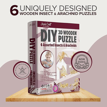 Hands Craft DIY 3D Wooden Puzzle – 6 Assorted Insects & Arachnids Bundle Pack Brain Teaser Puzzles Educational STEM Toy Adults and Kids to Build Safe and Non-Toxic Easy Punch Out Premium Wood JP2B9