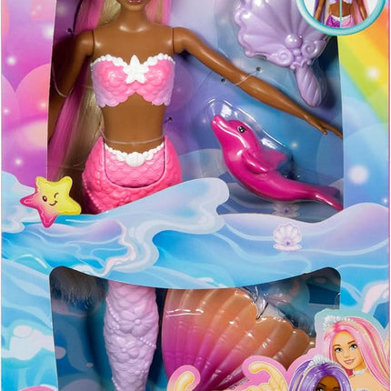 Barbie Mermaid Doll, “Brooklyn” with Pink Hair, Styling Accessories, Pet Dolphin and Water-Activated Color Change Feature, HRP98