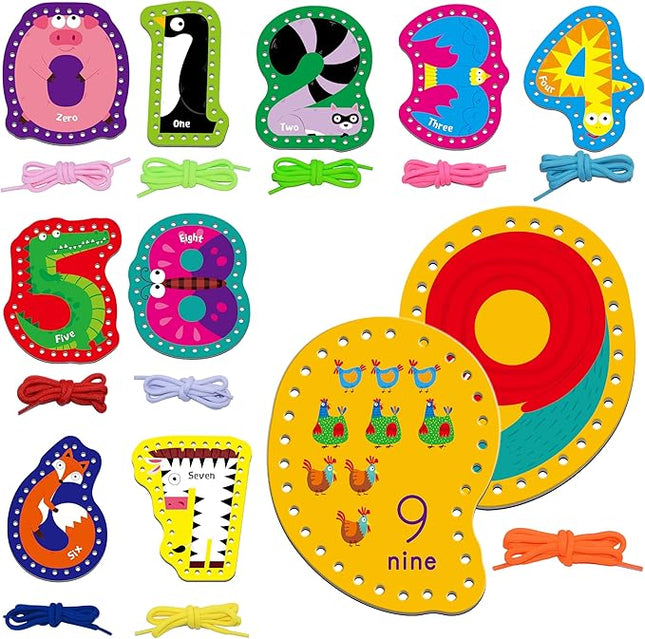 SpriteGru 10 Pieces Number Lacing Cards, 0-9 Double Sided Sewing Cards with 10 Colorful Laces, Imagination Development Lacing Toys Games for Children Educational and Learning Activity