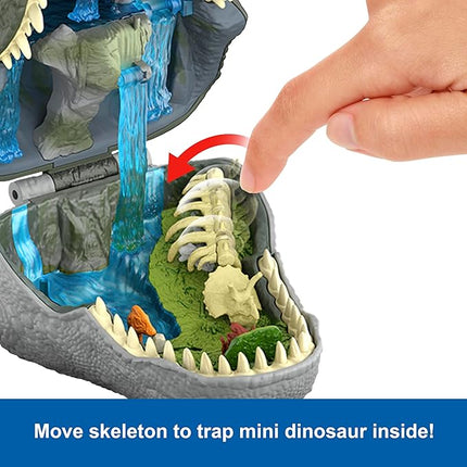 Mattel Jurassic World Rebirth Micro Adventure Playset, Tyrannosaurus Rex Head Opens to 4 Interactive Features, 3 Micro Figures, T. Rex Dinosaur Toy