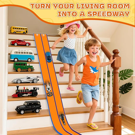 15 Ft Flexible Race Track for Kids – Portable Car Race Track Starter Set with Suction Cups, Rolls Up Easy, Compatible with 1/64 Diecast Cars, Birthday Gift for Boys & Girls Ages 3+ (Orange&Blue)