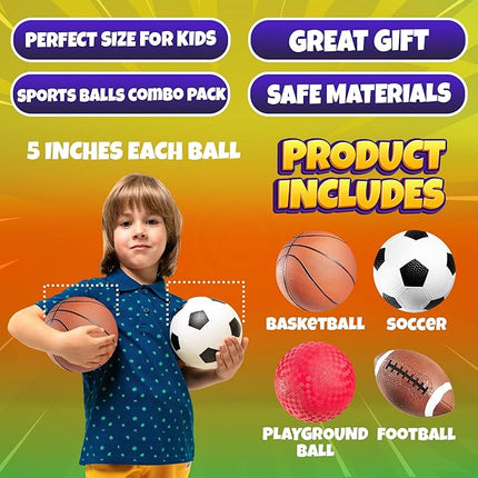 Sports Balls for Kids & Toddlers - (Pack of 4) 5-inch Sports Set Includes Football, Small Size Soccer, Basketball, and Playground Balls, Fun Indoors & Outdoor Toys (Hand Pump Included)