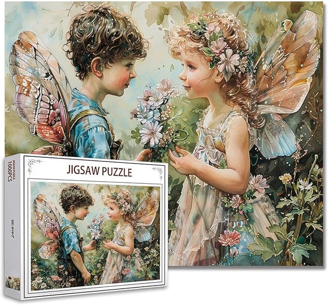 1000 Piece Angel GILR Flowers Jigsaw Puzzle Pixie Boy Wings Jigsaw Puzzles for Adults Elfin Garden Home Decoration Family Puzzle Perfect for Game Nights Ideal Gift Choice 20 x 27 Inch