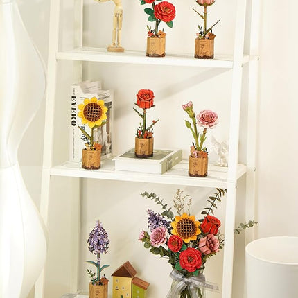 rowood Artifical Flower,Wood Flower Building Toy Set,Mother's Day/Valentine's Day/Teacher's Day/Thanksgiving Day/Christmas/Birthday Gift for Mom/Women/Grandma/Wife/Her-Pink Rose, TW041