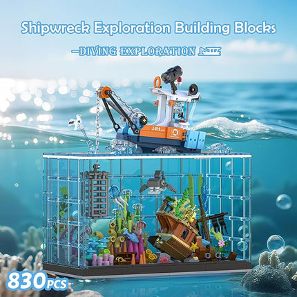 Fish Tank Building Blocks Set - 830PCS Ocean Treasure Hunt Building Set with Adventure Boat, Shark, Jellyfish & Coral Reef, STEM Toys Halloween for Teens Adults
