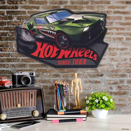 Mattel Hot Wheels Green Shark Car Embossed Metal Sign - Large Hot Wheels Wall Decor for Kids' Bedroom or Man Cave