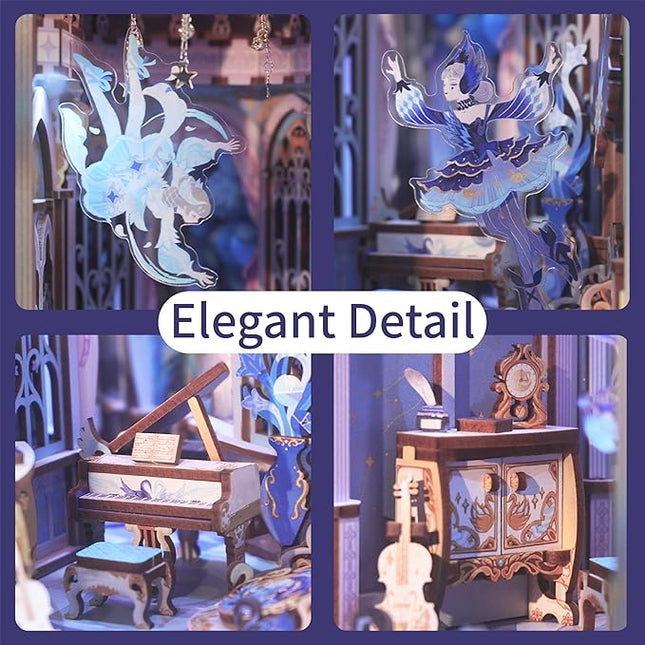 Tonecheer DIY Book Nook Kit for Adults, 3D Wooden Puzzle Music Box Bookend, Rotation Miniature House Booknook Bookshelf Insert Decor with Dust Cover and LED Light (Swan Dream)