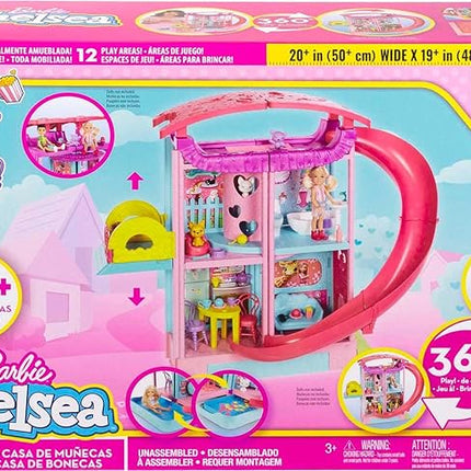 Barbie Dollhouse, Chelsea Playhouse Set with Transforming Areas & 20+ Pieces, Includes 2 Pets, Pool, Furniture & Accessories