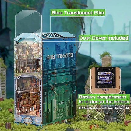 Tonecheer DIY Book Nook Kit for Adults, Wooden 3D Puzzle Bookend Diorama Bookshelf Insert Decor Fancy Books, Booknook Miniature House Kit with Dust Cover and Sensor LED (Haven Zero)