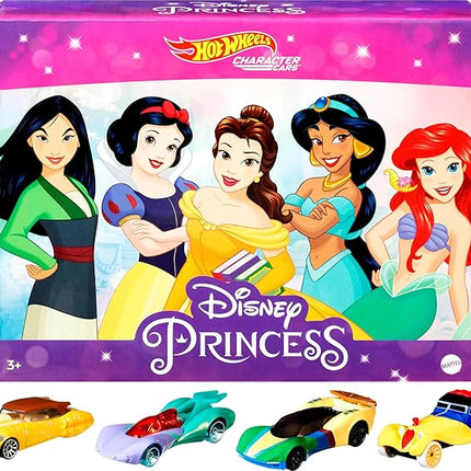 Hot Wheels Disney Princess Toy Cars 5-Pack, Set of 5 Character Vehicles in 1:64 Scale: Mulan, Snow White, Belle, Jasmine & Ariel