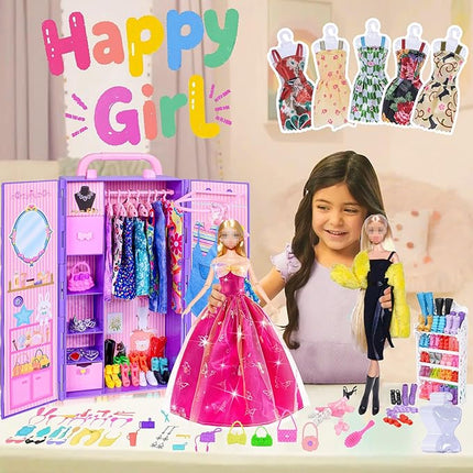 104 Piece Fashion Doll Wardrobe Playset with Poseable 11.5" Doll & 104 Accessories | ASTM-Certified Pretend Play Gift Set for Girls Ages 3+ (Purple)