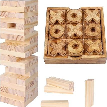 Glintoper Tic Tac Toe & Tumble Tower Blocks Tables Game Set, Classic Wood Stacking Game & XOXO Board Games for Kids Family, Living Room Rustic Coffee Table Decor, Travel Strategy Board Games