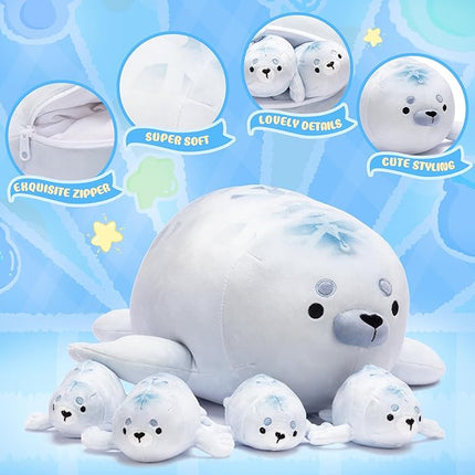 IKASA Mommy Seal Stuffed Animal Mom and Baby Plush Toy, Cute 16" Soft Small Mama Family Set Cuddly Toys with Little Mini Babies,Gifts for Kids
