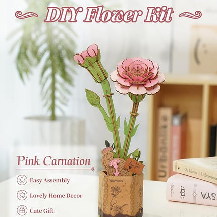 rowood 3D Puzzle Wood Flower,DIY Artifical Flower Building Set Craft Kit for Women,Mother's Day/Valentine's Day/Teacher's Day/Thanksgiving/Christmas/Birthday Gift -Pink Carnation