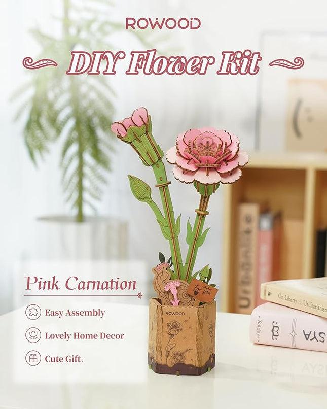 rowood 3D Puzzle Wood Flower,DIY Artifical Flower Building Set Craft Kit for Women,Mother's Day/Valentine's Day/Teacher's Day/Thanksgiving/Christmas/Birthday Gift -Pink Carnation