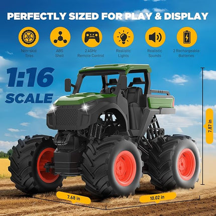 1:16 Remote Control Tractor Toy, RC Monster Truck Toys, 2.4GHz Farm Cars with 2×800mAh, LED Lights, Realistic Working Sounds, Green Toy Vehicle Birthday Gift for Kids Boys Girls 4-12 Year Old