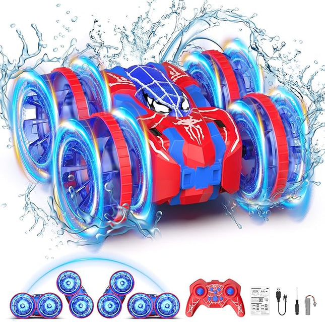 Waterproof Remote Control Car，4WD Land & Water 2.4 GHz RC Car Remote Control Boat，360°Rotation RC Stunt with LED Lights，Boys Girls Gifts All Terrain Water Beach Pool Toy
