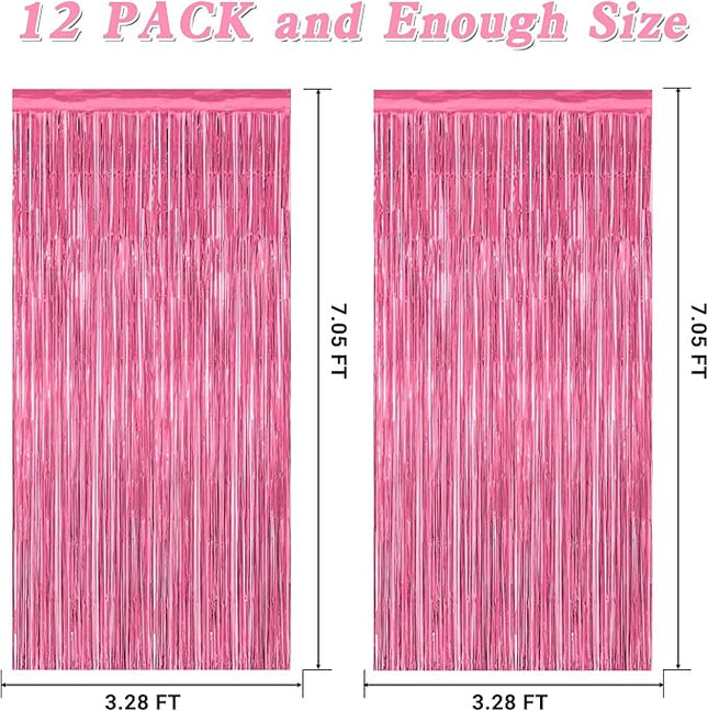12 Pack Pink Backdrop, 3.28 FT x 7.05 FT Foil Fringe Curtains, Metallic Pink Tinsel Curtain Party Streamer Birthday Backdrop for Girl, Valentines Day Decorations Bachelorette Party Supplies