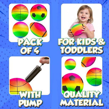 Sports Ball Set (4 Pack) - 5-Inch Rainbow Mini Basketball, Soccer, Football & Playground Balls w/Hand Pump - Fun Indoor Outdoor Toys for Toddlers, Little Kids, Preschoolers & Early Play
