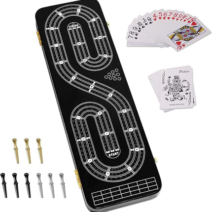 Cribbage Board Game Set 3 Tracks, 2 Storage Area, with 9 Metal Pegs,2 Decks of Playing Cards and Instruction, Wooden Travel Portable Cribbage Game Sets