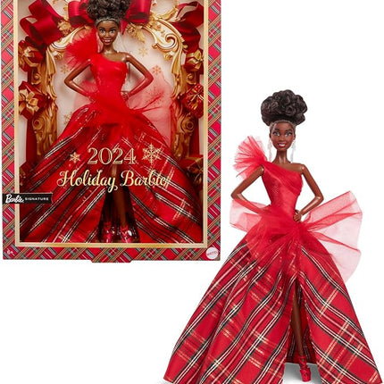 Barbie Signature Doll, 2024 Holiday Fashion Doll with Brown Hair Wearing Plaid Gown, Seasonal Collector Gift in Displayable Packaging