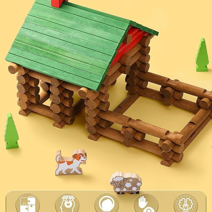 SainSmart Jr. 110 PCS Wooden Log Cabin Set Building House Toy for Toddlers, Classic STEM Construction Kit with Colorful Wood Logs Blocks for 3+ Years Old
