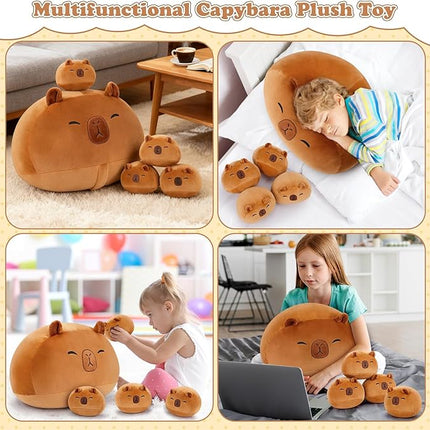5 PCS Capybara Plush Stuffed Animal Family-19" Large Round Capybara Plush, Large Mommy Plushies with 4 Baby Plushie Toy for Kids, Kawaii Body Pillow Christmas Birthday Gifts for Kids Boys Girls