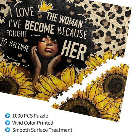 African American Jigsaw Puzzles 1000 Pieces for Adults, Sunflower & Leopard Print Art, Black Woman Wooden Puzzle for Stress Relief, Challenging Brain Teaser & Home Decor
