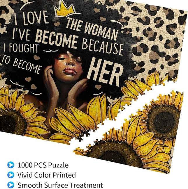 African American Jigsaw Puzzles 1000 Pieces for Adults, Sunflower & Leopard Print Art, Black Woman Wooden Puzzle for Stress Relief, Challenging Brain Teaser & Home Decor