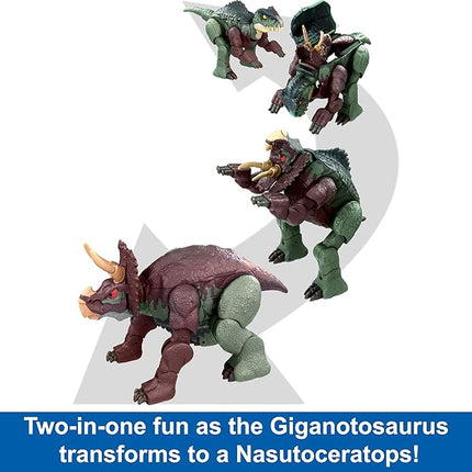Mattel Jurassic World Fierce Changers 2-in-1 Dinosaur Action Figure, Massive Stretch Toy Transforms from Nasutoceratops to Giganotosaurus in 16 Steps