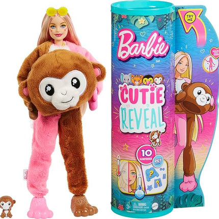 Barbie Cutie Reveal Fashion Doll, Jungle Series Monkey Plush Costume, 10 Surprises Including Mini Pet & Color Change