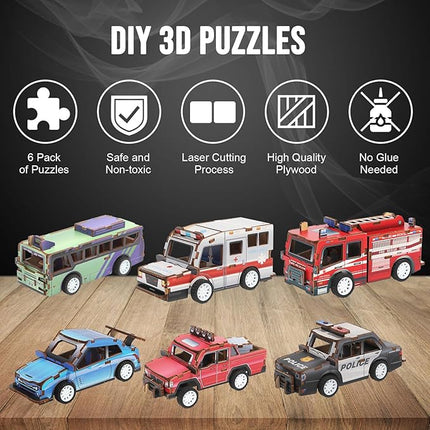6 Pack 3D Wooden Puzzle Car STEM Kits, Science Kits for Kids Ages 5-12, Model Car Building Kits, 3D Puzzles for Kids, Educational Wooden Craft Gifts for Boys and Girls Age 4-12