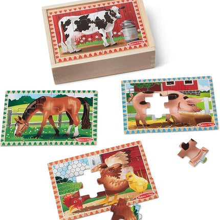 Melissa & Doug 4‑in‑1 Wooden Farm Jigsaw Puzzle Set, 48 Pieces with Storage Box, Toddler Puzzle Toy for Kids Ages 3+