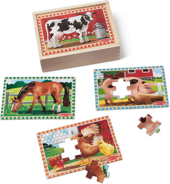 Melissa & Doug 4‑in‑1 Wooden Farm Jigsaw Puzzle Set, 48 Pieces with Storage Box, Toddler Puzzle Toy for Kids Ages 3+